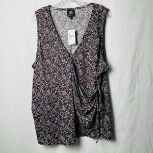 Bobeau Red and Black Floral Print Sleeveless Blouse Faux Wrapped Front 2X